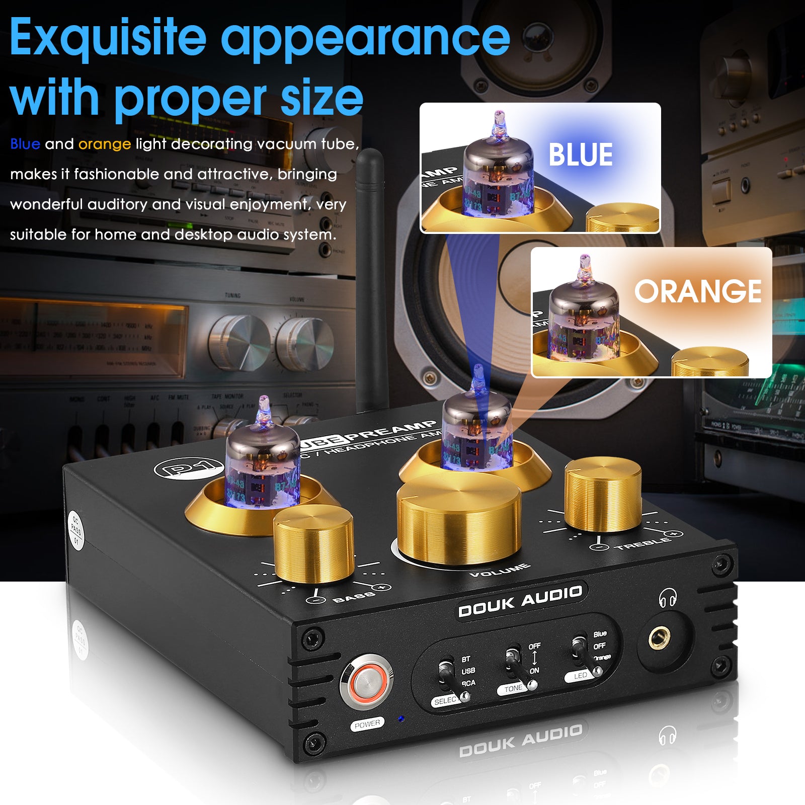 Douk Audio P1 HiFi Bluetooth 5.0 Vacuum Tube Preamp USB DAC Stereo Headphone Amplifier APTX-HD