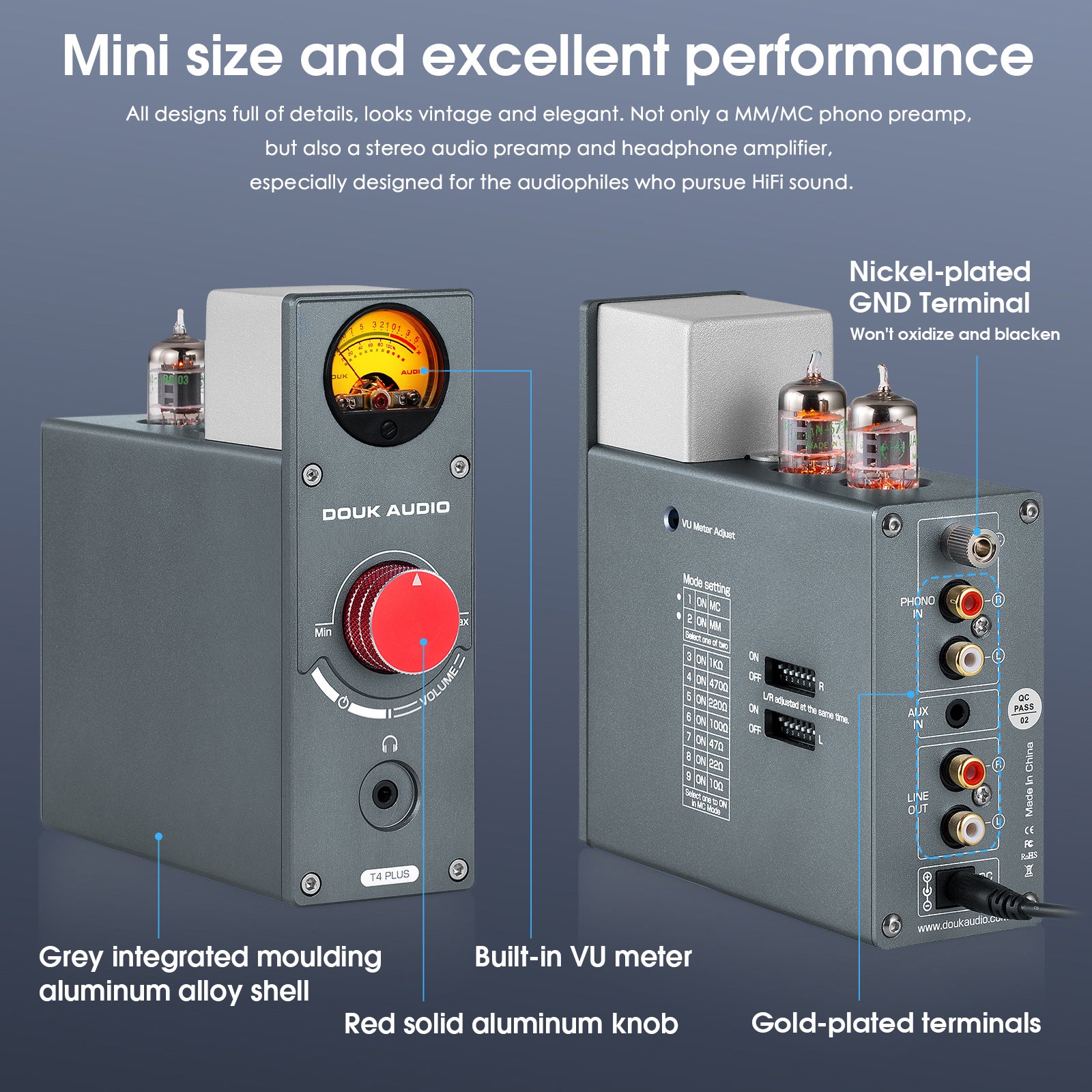 Douk Audio T4 PLUS HiFi GE5654 Röhren-Phono-Vorverstärker für Plattenspieler, Stereo-Vorverstärker, Kopfhörerverstärker mit VU-Meter