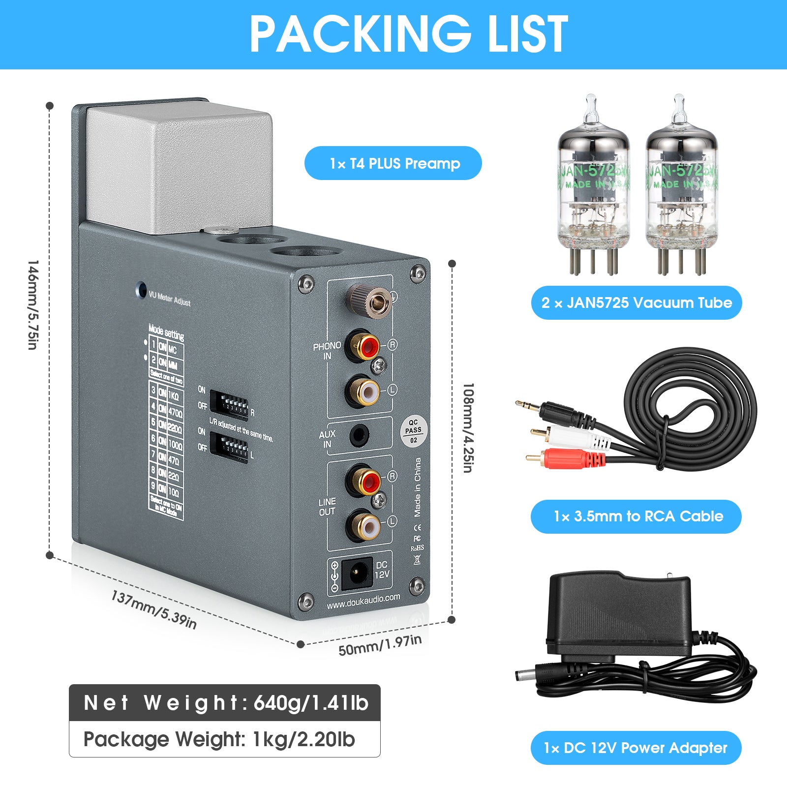 Douk Audio T4 PLUS HiFi GE5654 Röhren-Phono-Vorverstärker für Plattenspieler, Stereo-Vorverstärker, Kopfhörerverstärker mit VU-Meter