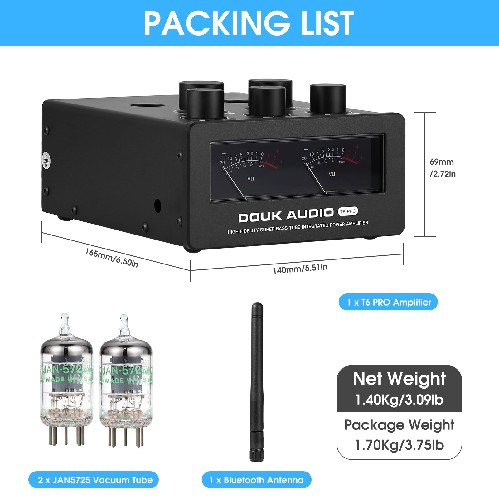 Douk Audio T6PRO HIFI TPA3255 Bluetooth Tube Amplifier with VU Meter 300Watts x2