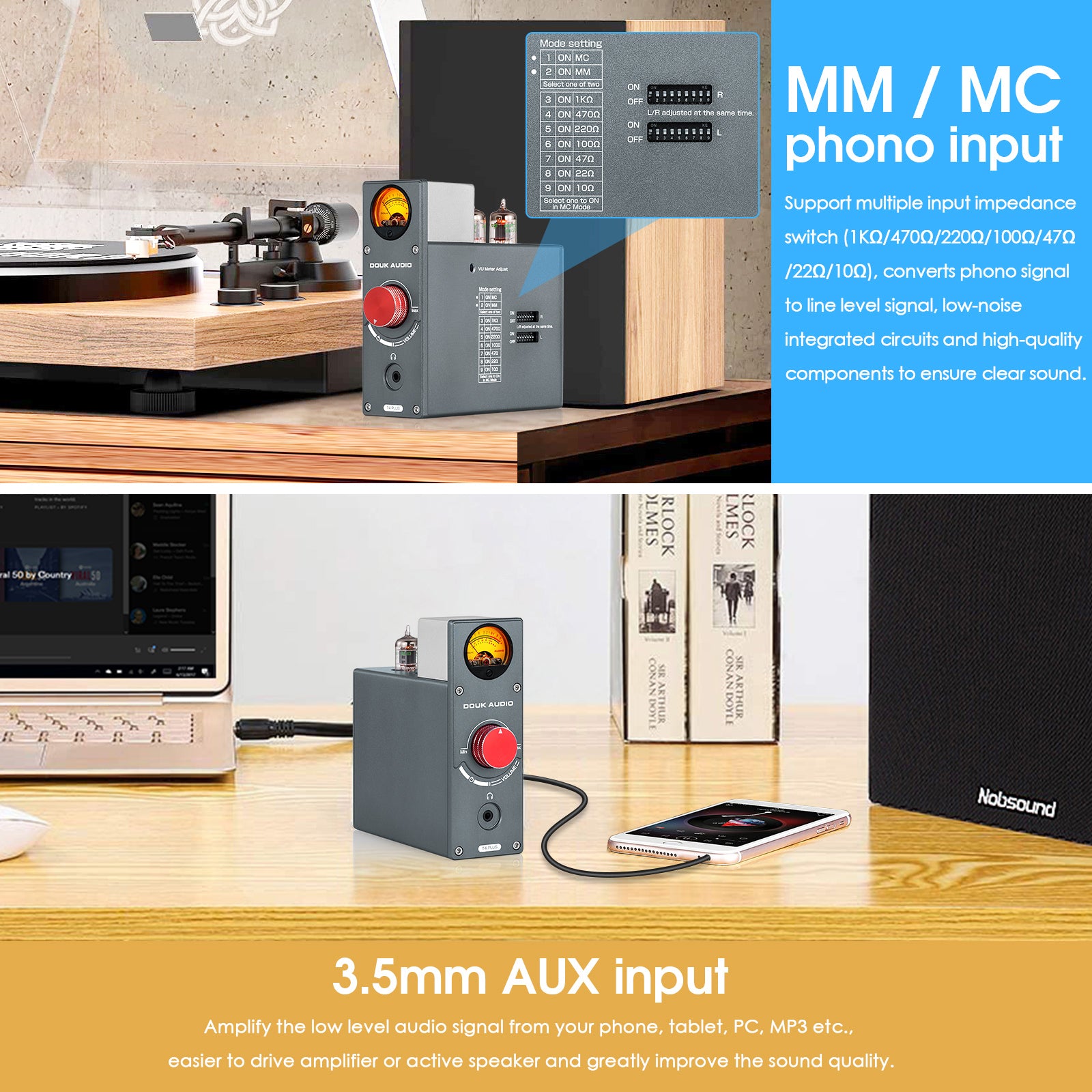 Douk Audio T4 PLUS HiFi GE5654 Röhren-Phono-Vorverstärker für Plattenspieler, Stereo-Vorverstärker, Kopfhörerverstärker mit VU-Meter