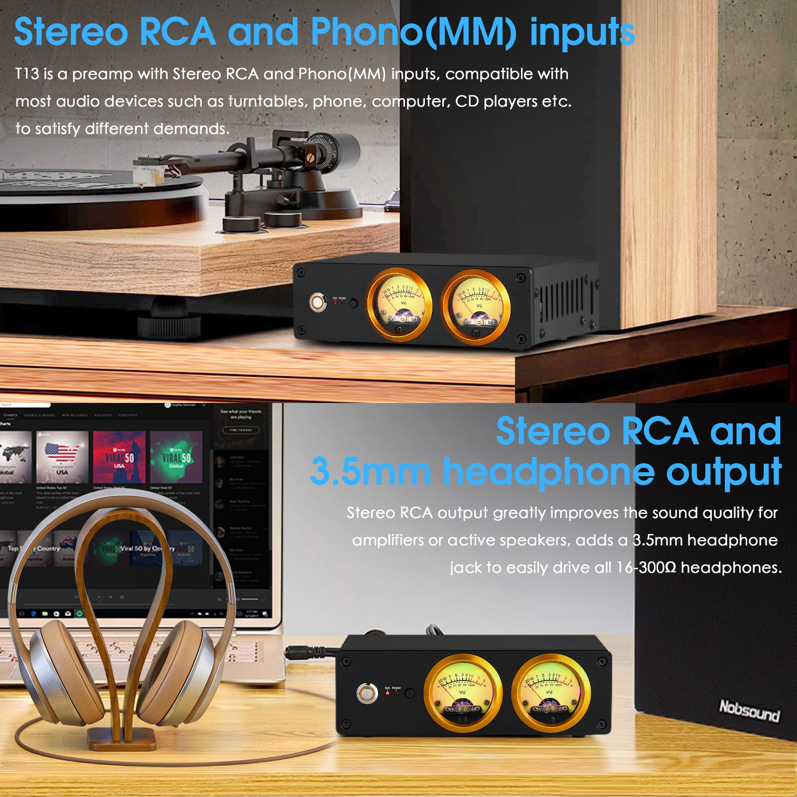 Douk Audio T13 Phono-Vorverstärker für MM-Plattenspieler, Stereo-Desktop-Kopfhörerverstärker mit VU-Meter