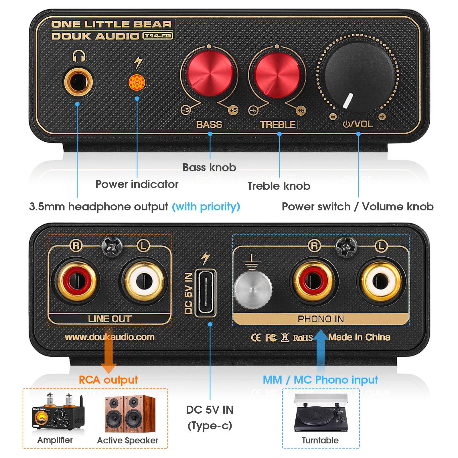 Douk Audio T14-EQ Mini MM/MC Phono Stage RIAA Vorverstärker für LP-Vinyl-Plattenspieler mit Kopfhörerausgang