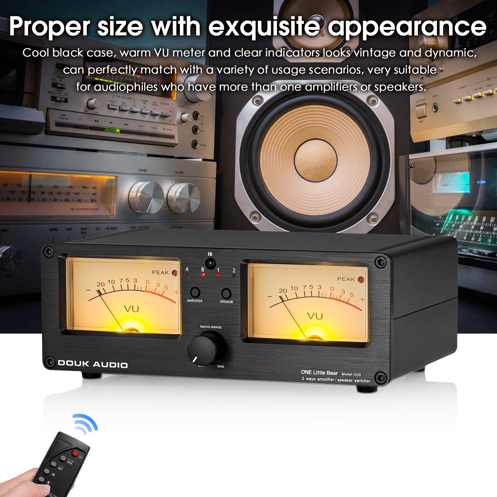 Douk Audio VU3 双模拟 VU 表 2 路功放/扬声器音频切换盒 DB 面板显示屏