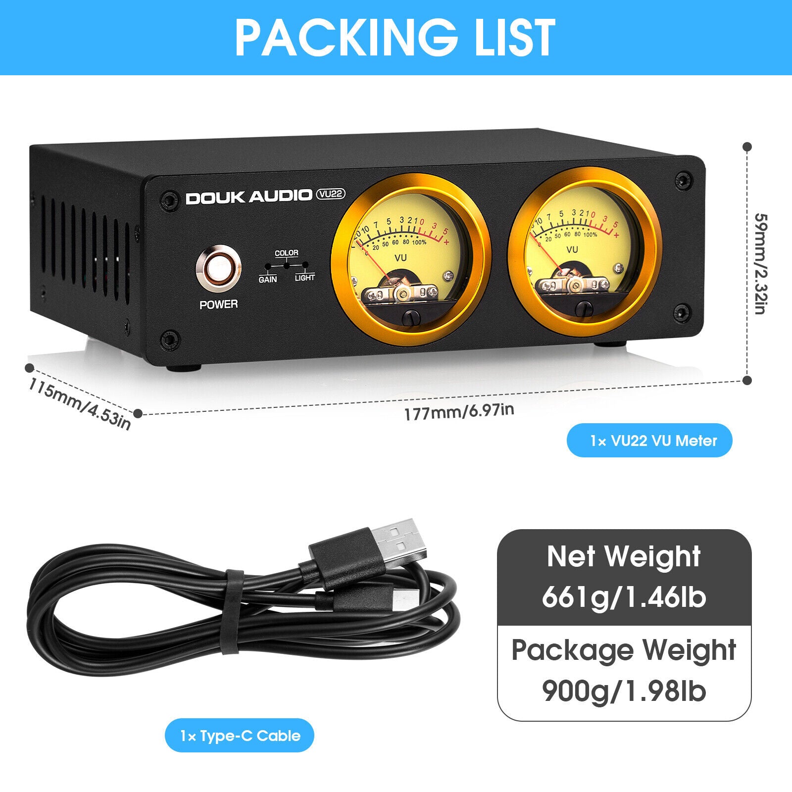 Douk Audio VU22 双模拟 VU 表显示 DB 面板 MIC+LINE 声级计