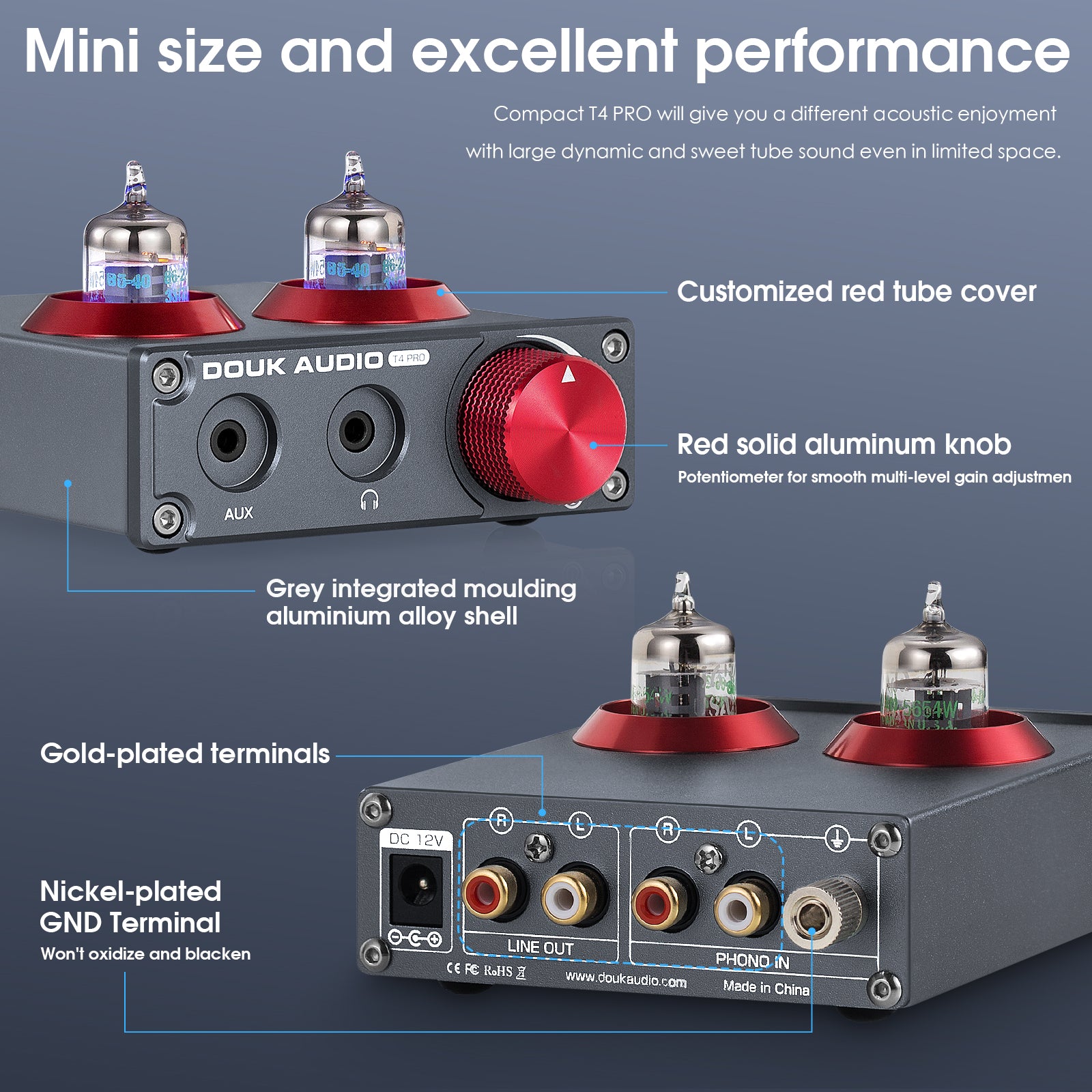 Douk Audio T4 PRO Mini GE5654 Vakuumröhren-Phono-Vorverstärker, Heim-Stereo-Audio-Vorverstärker, Kopfhörerverstärker