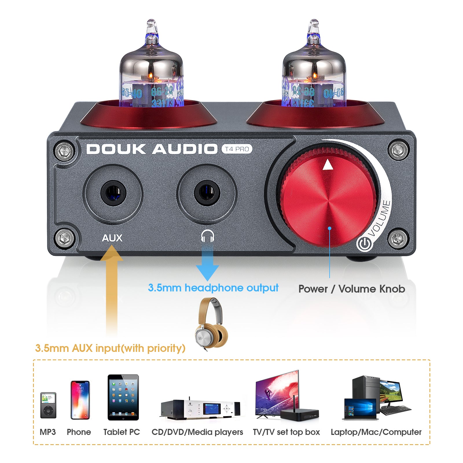 Douk Audio T4 PRO Mini GE5654 Vakuumröhren-Phono-Vorverstärker, Heim-Stereo-Audio-Vorverstärker, Kopfhörerverstärker
