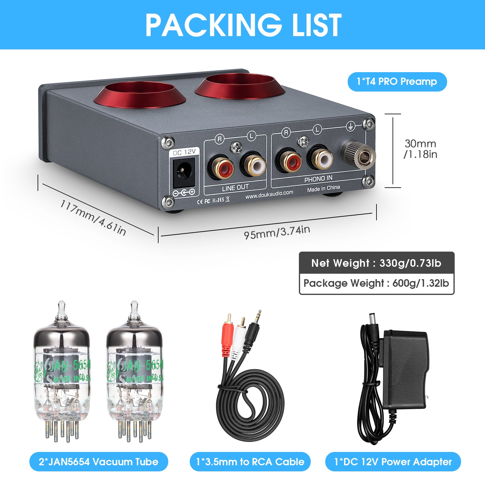 Douk Audio T4 PRO Mini GE5654 Vakuumröhren-Phono-Vorverstärker, Heim-Stereo-Audio-Vorverstärker, Kopfhörerverstärker