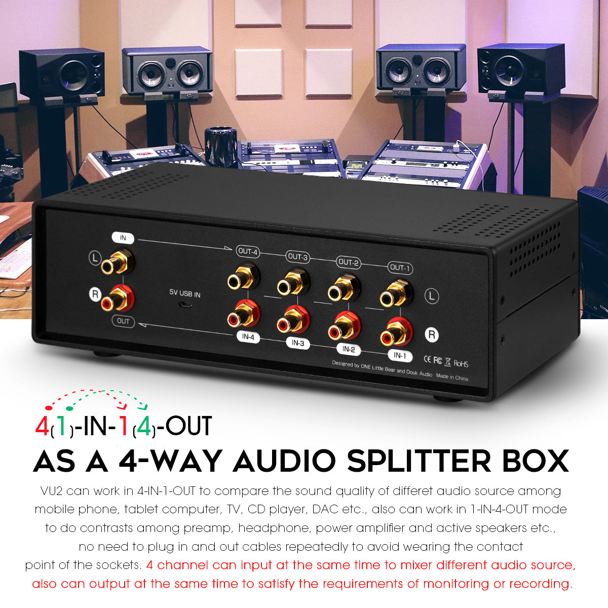Douk Audio VU2 MIC+LINE 双模拟 VU 表立体声 RCA 音频分配器切换盒音频频谱显示