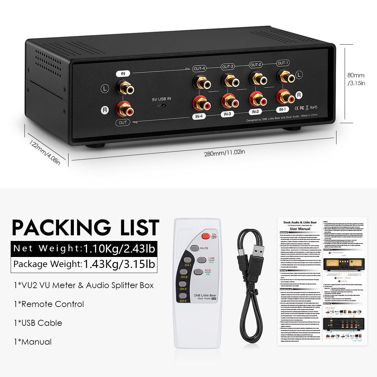 Douk Audio VU2 MIC+LINE 双模拟 VU 表立体声 RCA 音频分配器切换盒音频频谱显示