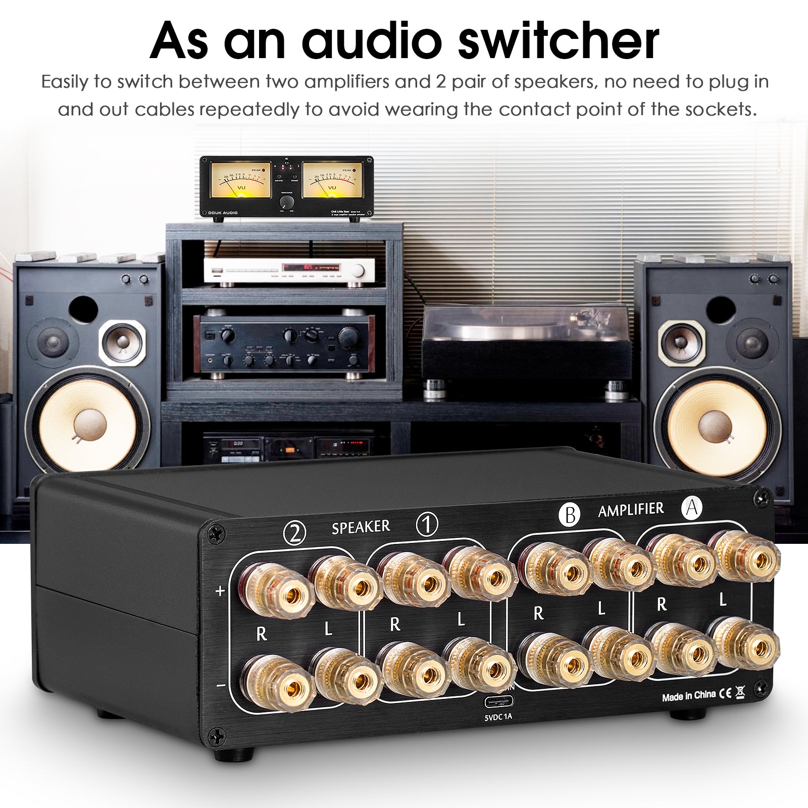 Douk Audio VU3 双模拟 VU 表 2 路功放/扬声器音频切换盒 DB 面板显示屏