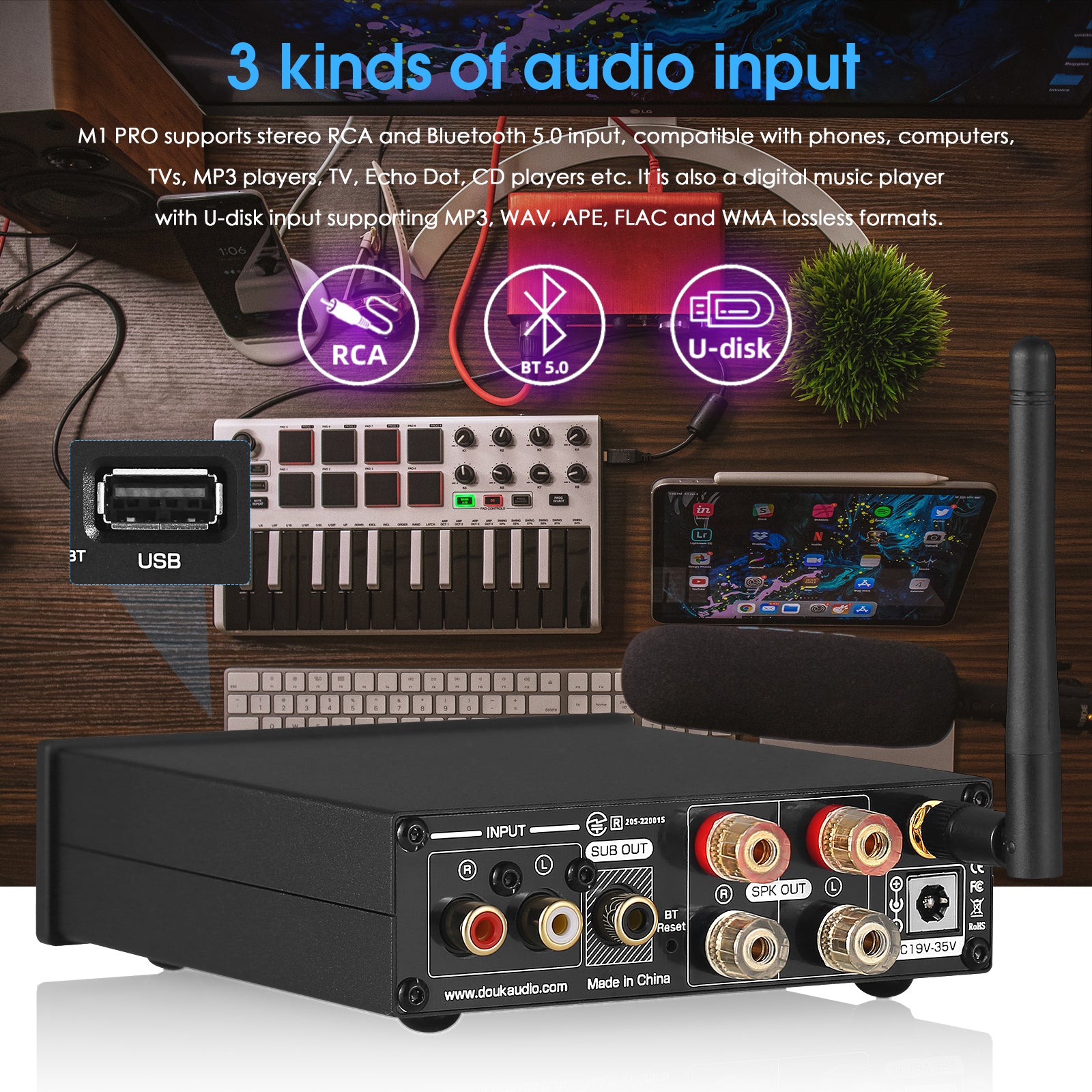 Douk Audio M1 PRO HiFi Bluetooth 5.0 Digital Amplifier Desktop Stereo Amp USB Player 160W×2
