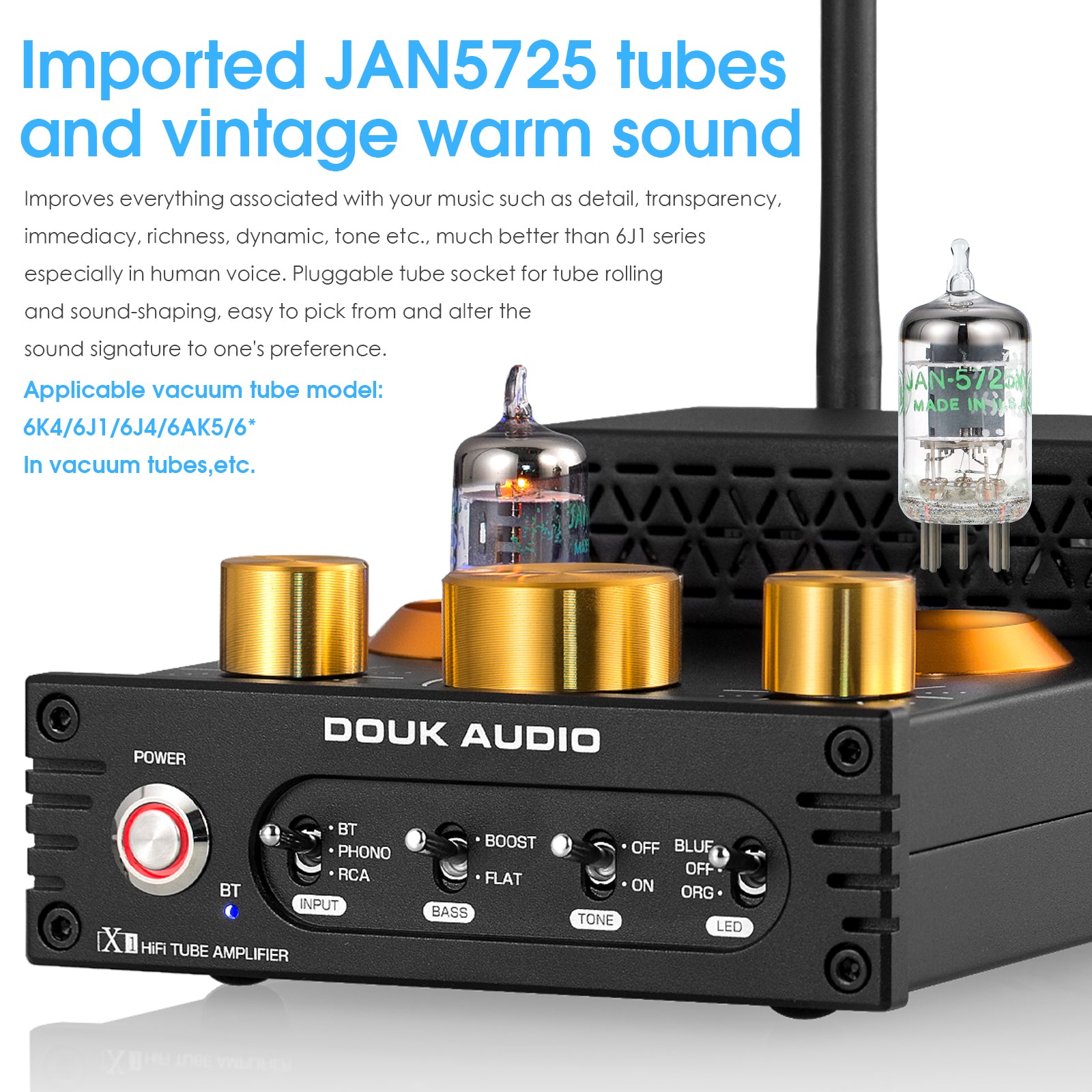 Douk Audio X1 HiFi Bluetooth 5.0 Vacuum Tube Amplifier Desktop Audio Amp for Turntables 160Wx2