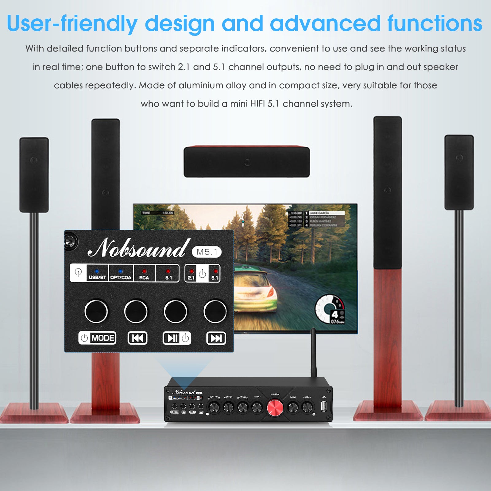 Nobsound M5.1 HiFi 5.1 Channel Amplifier w/Bluetooth COAX/OPT/USB Home Subwoofer Power Amp