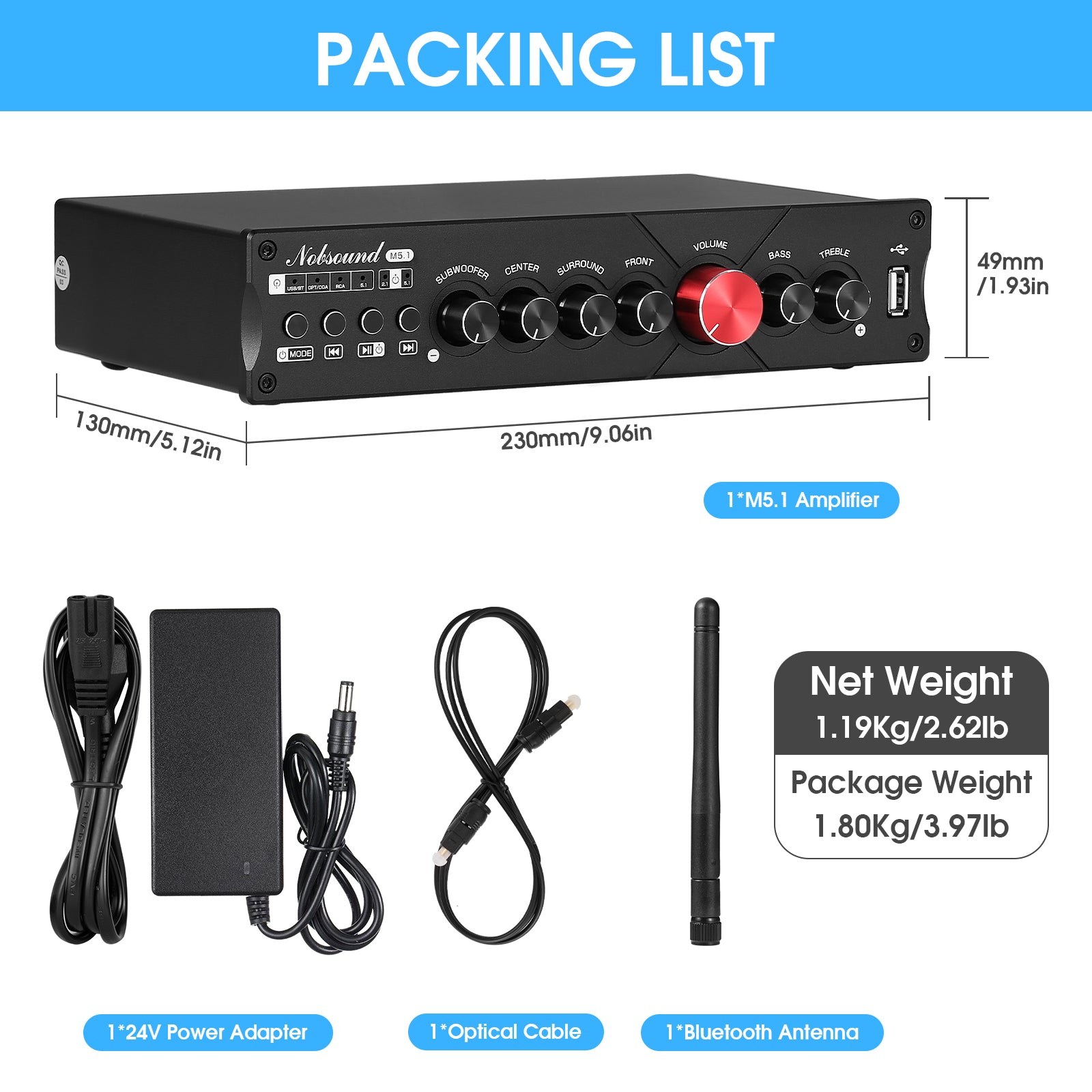 Nobsound M5.1 HiFi 5.1 Channel Amplifier w/Bluetooth COAX/OPT/USB Home Subwoofer Power Amp
