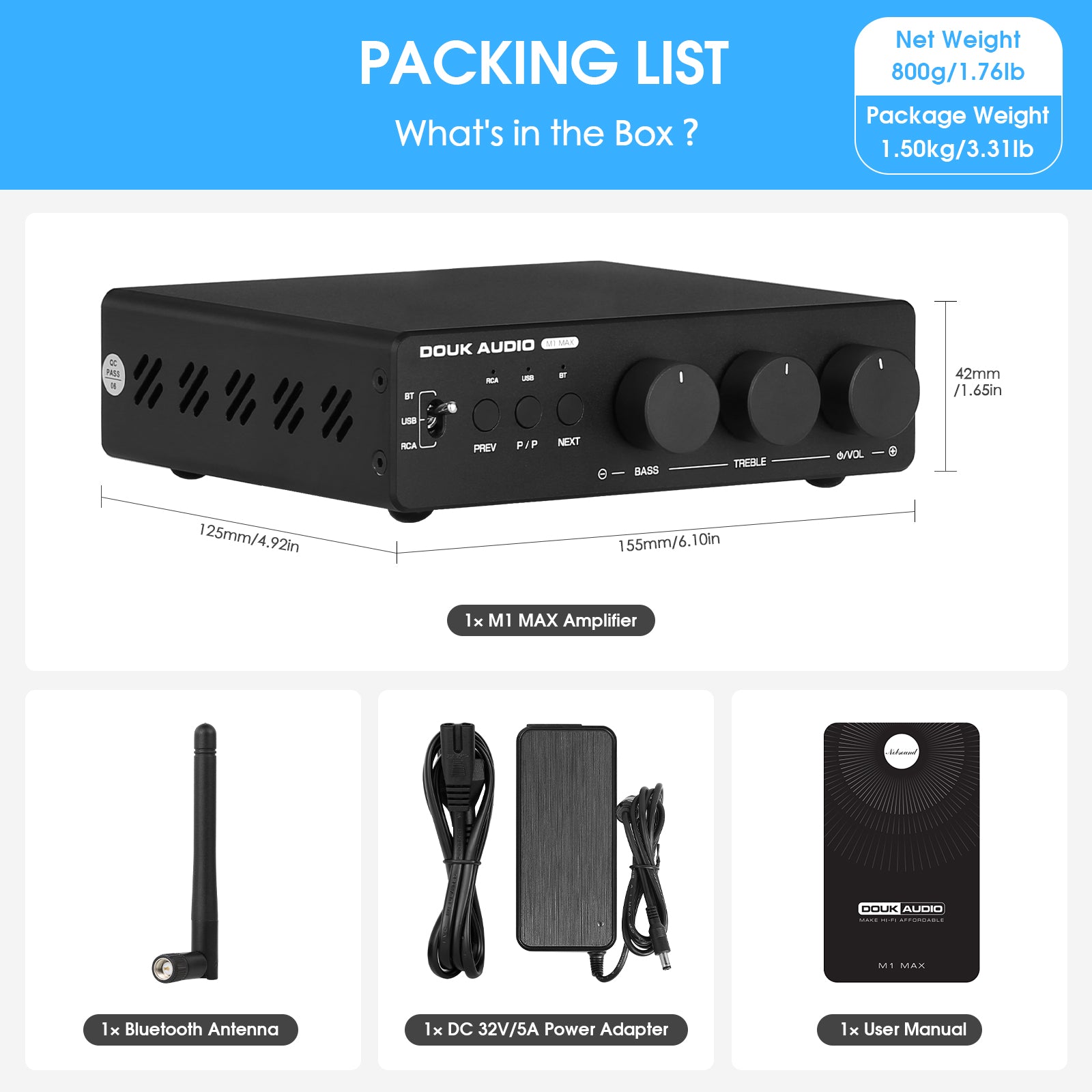Douk Audio M1 MAX HiFi TPA3255 Power Amplifier Bluetooth Receiver Home Stereo Amp U-disk Player