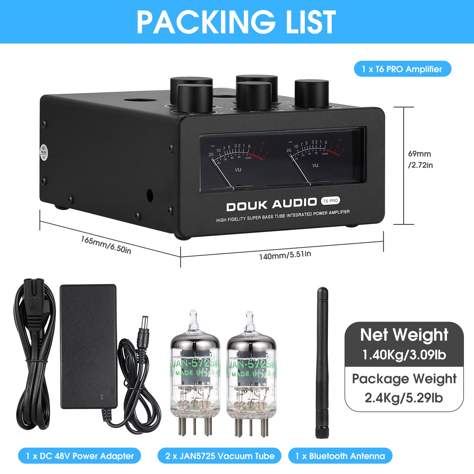 Douk Audio T6PRO HIFI TPA3255 Bluetooth Tube Amplifier with VU Meter 300Watts x2