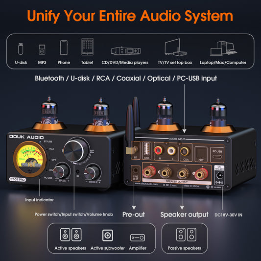 Douk Audio ST-01 PRO HiFi Bluetooth 5.0 Tube Amplifier USB DAC COAX/OPT Digital Audio Amp w/VU Meter
