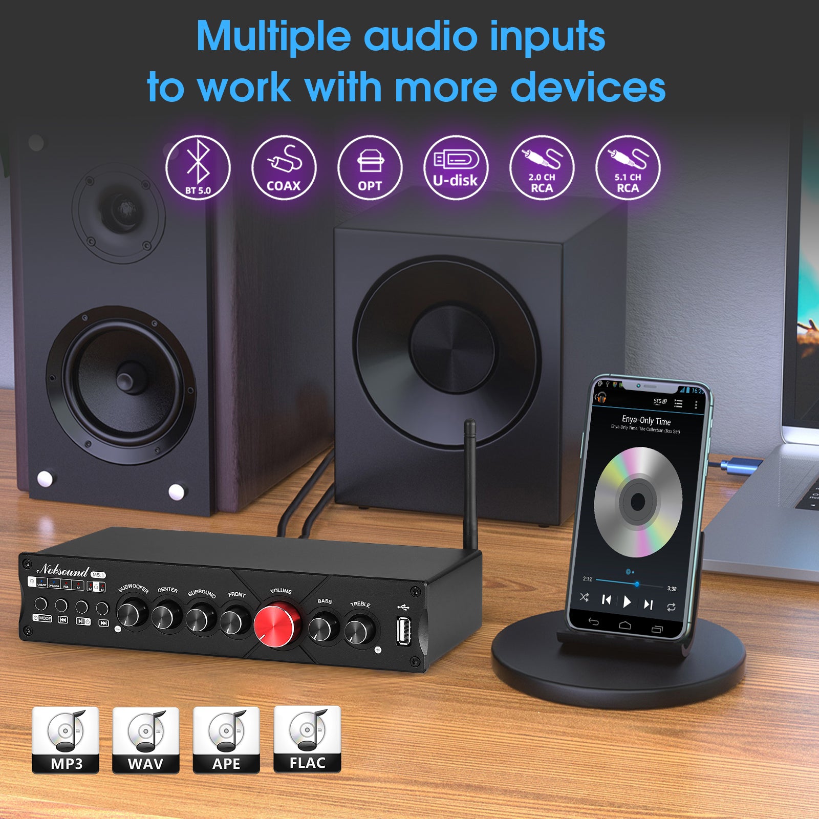 Nobsound M5.1 HiFi 5.1 Channel Amplifier w/Bluetooth COAX/OPT/USB Home Subwoofer Power Amp