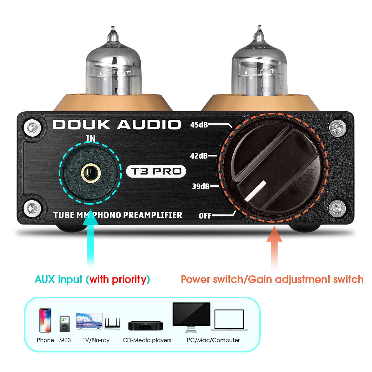 Douk Audio T3 PRO Mini Tube MM Phono Bühnenvorverstärker für Heim-Plattenspieler HiFi-Stereo-Audio-Vorverstärker 