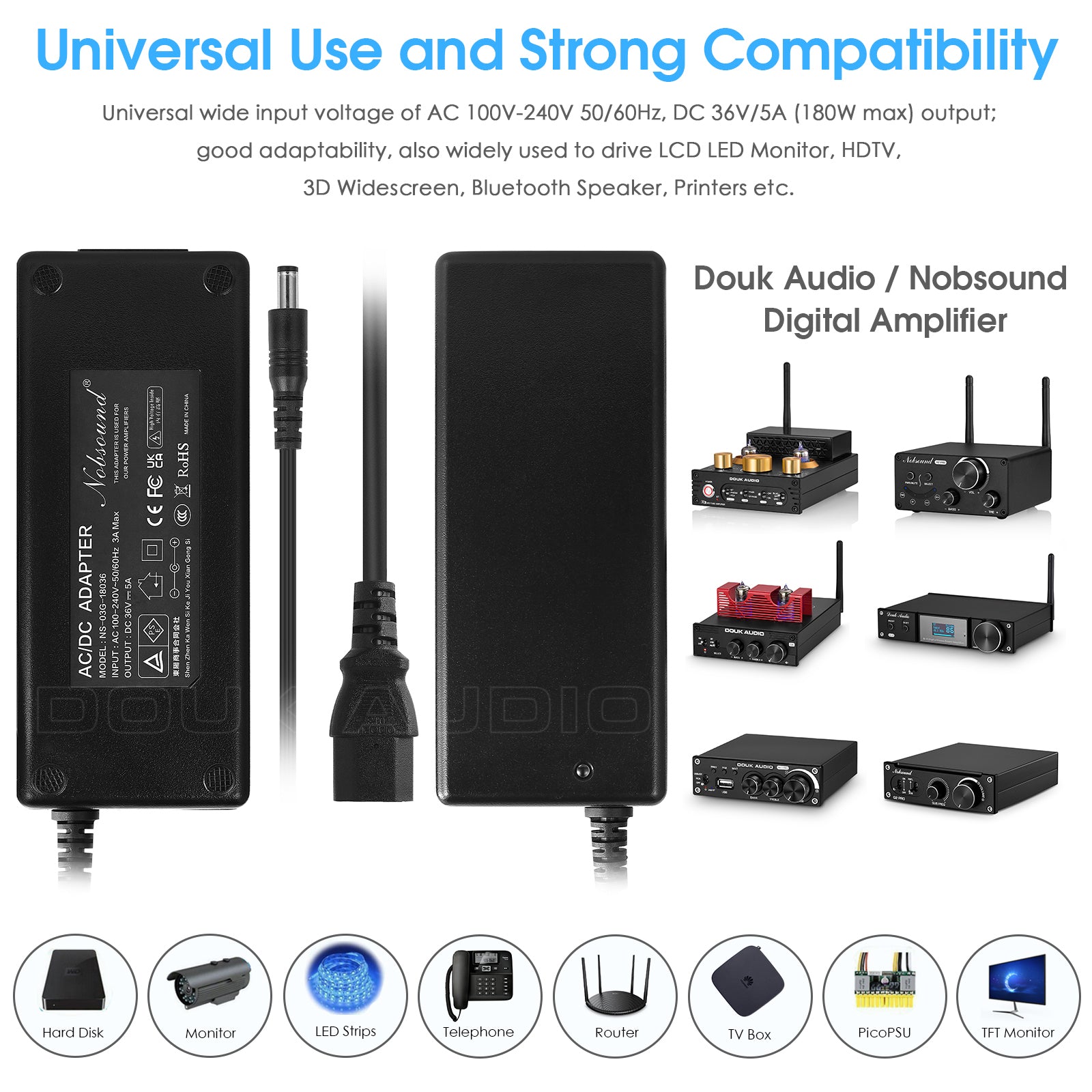 Douk Audio DC 19/24/32/36/48V Power Supply Adapter AC 100-240V Transformer
