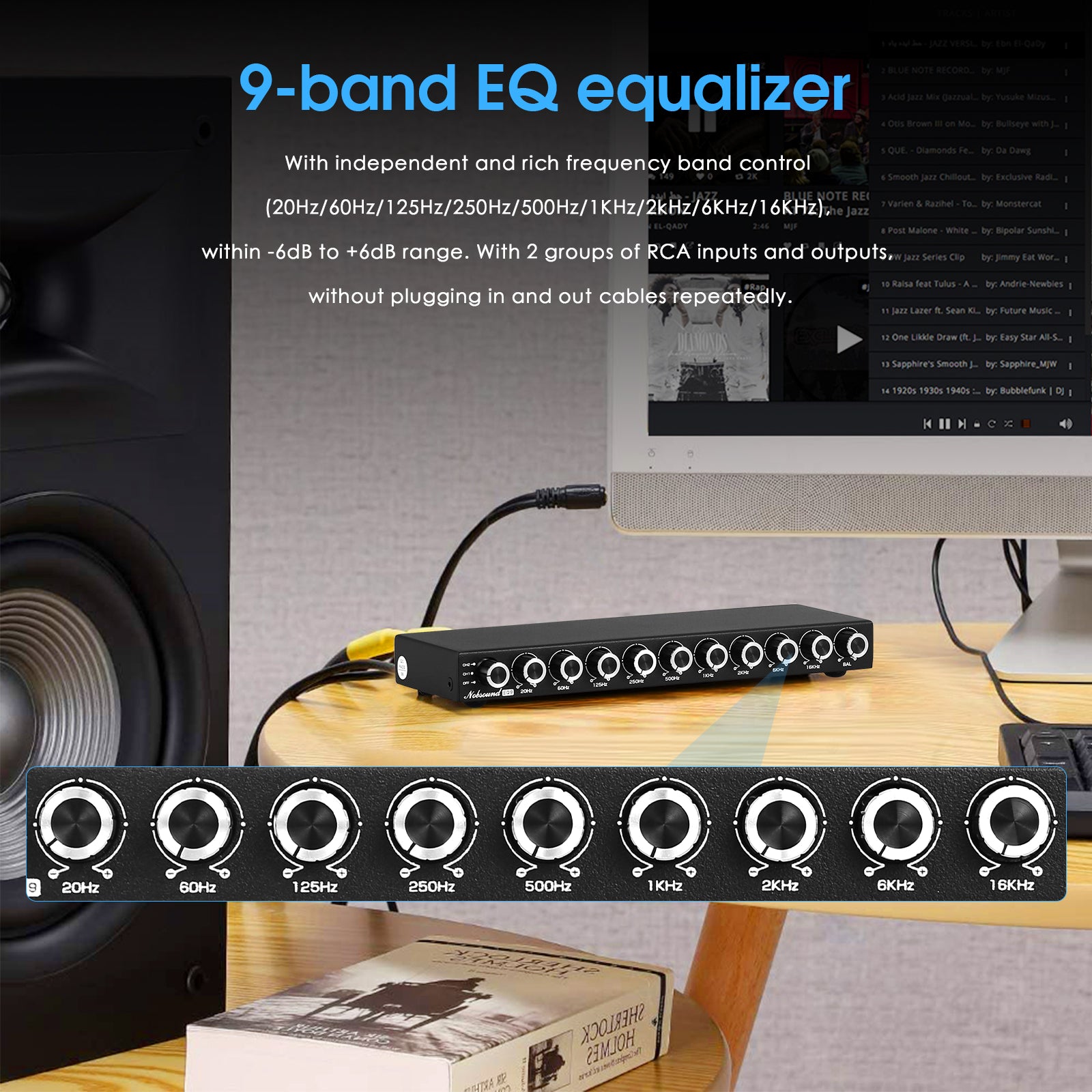 Nobsound EQ9 HiFi 9 波段立体声均衡器前置放大器模拟均衡器音频处理器，适用于家庭/汽车