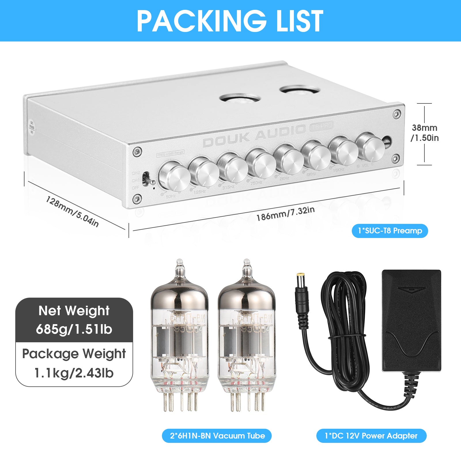 [Upgraded] Douk Audio T8PRO 7-band EQ Tube Preamp Equalizer XLR Pre-Amplifier with Tone Control for Home Speaker
