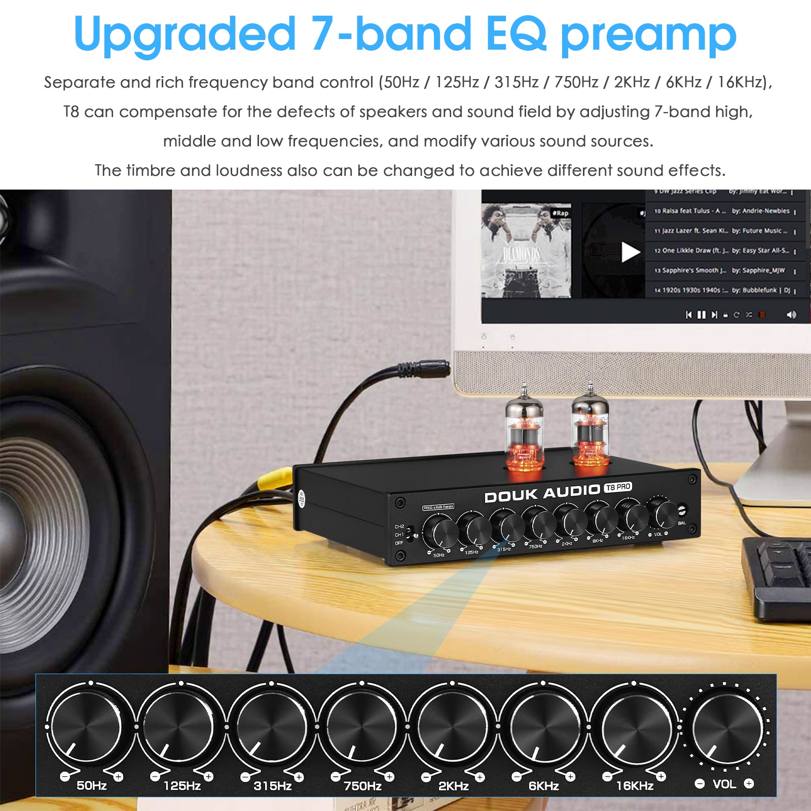 [Upgraded] Douk Audio T8PRO 7-band EQ Tube Preamp Equalizer XLR Pre-Amplifier with Tone Control for Home Speaker