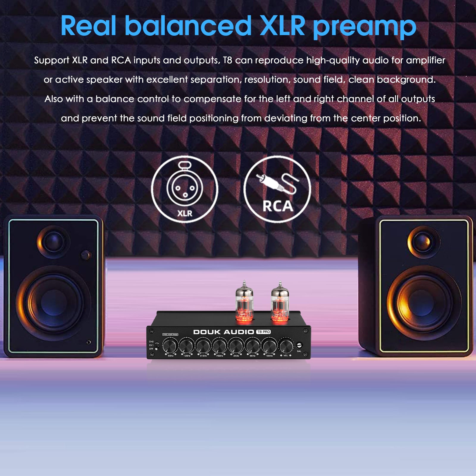 [Upgraded] Douk Audio T8PRO 7-band EQ Tube Preamp Equalizer XLR Pre-Amplifier with Tone Control for Home Speaker
