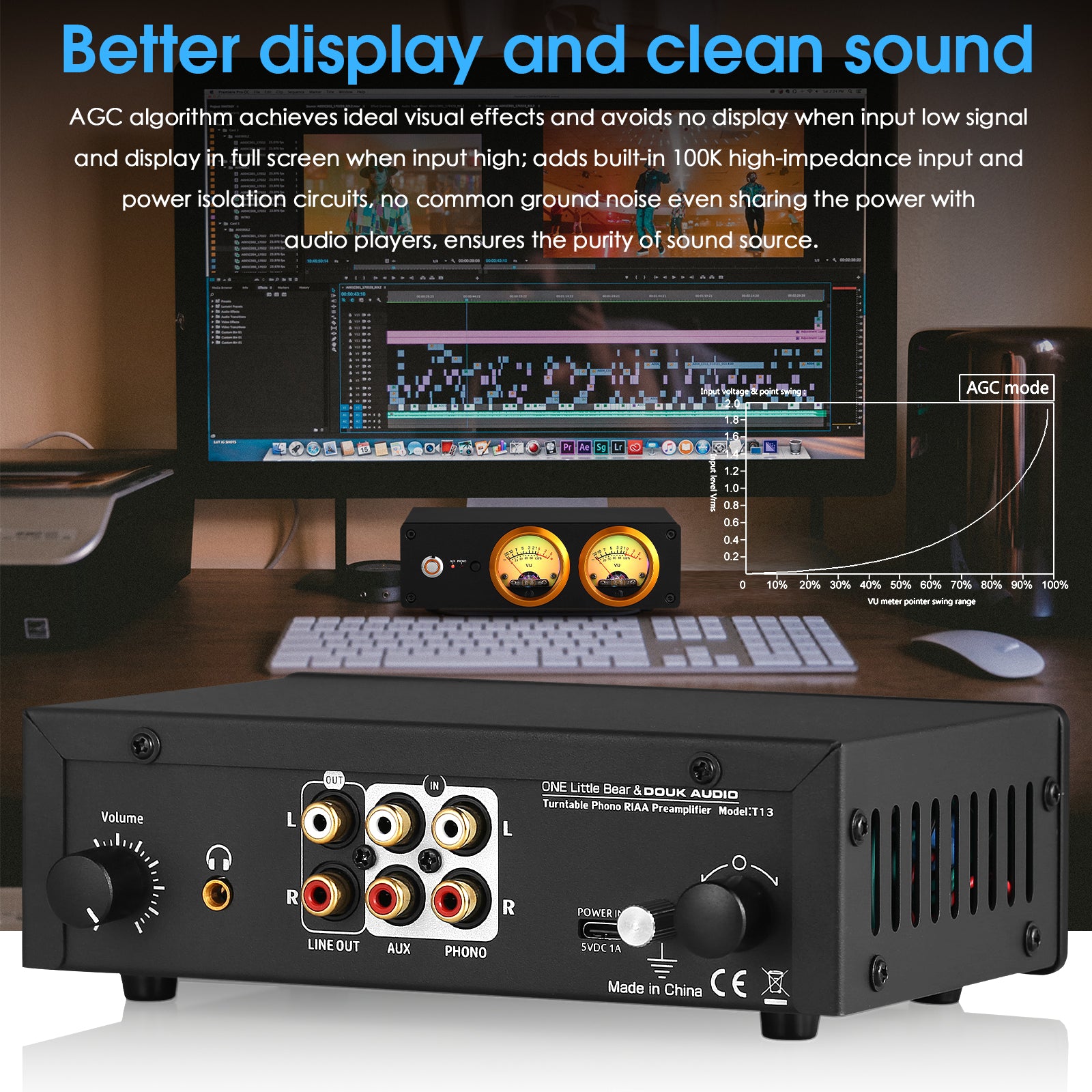 Douk Audio T13 Phono-Vorverstärker für MM-Plattenspieler, Stereo-Desktop-Kopfhörerverstärker mit VU-Meter