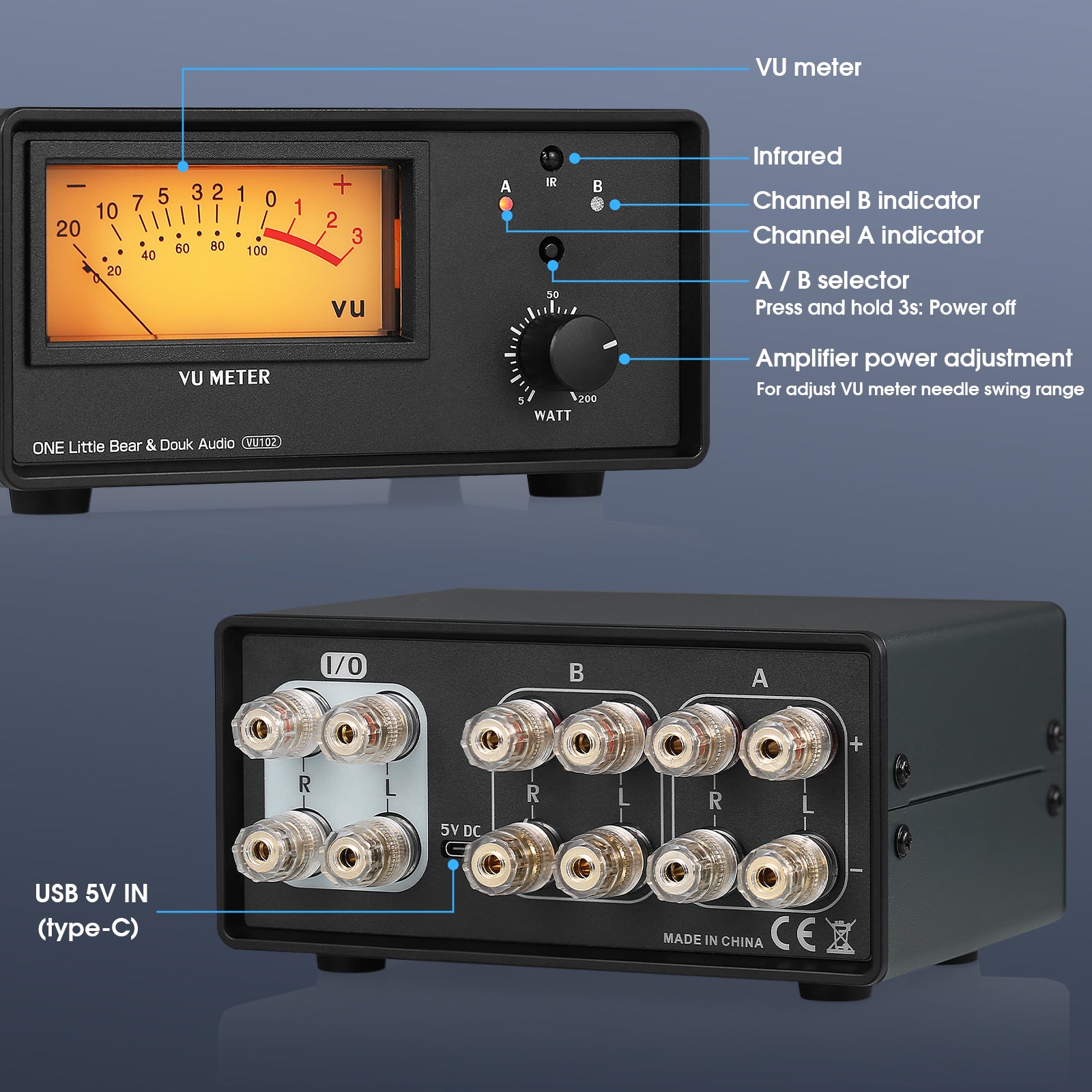 Douk Audio VU102 双区域放大器/扬声器选择器，带音量表音频切换器和红外遥控器