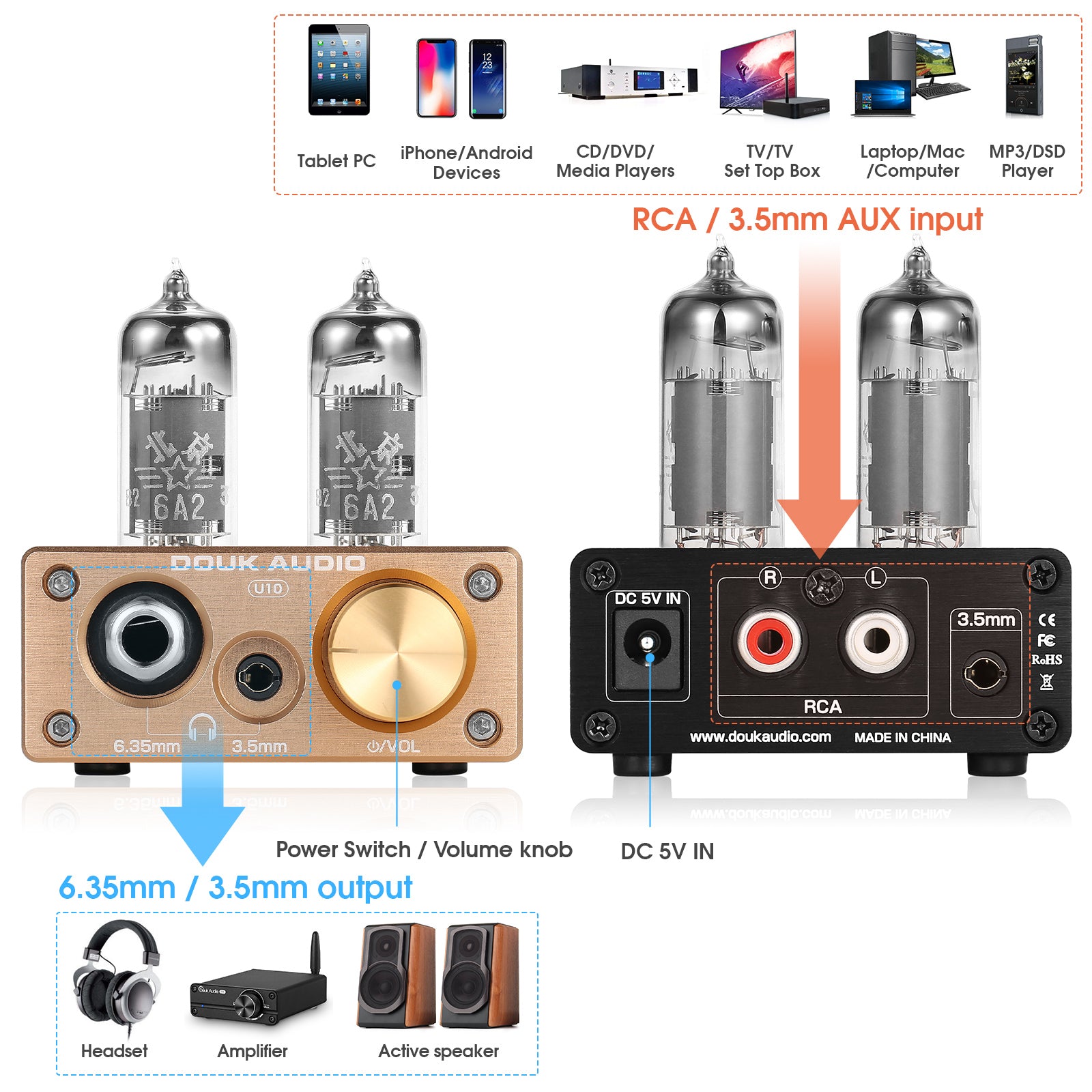 Douk Audio U10 迷你电子管耳机放大器 HIFI 立体声前置放大器 适用于家用扬声器