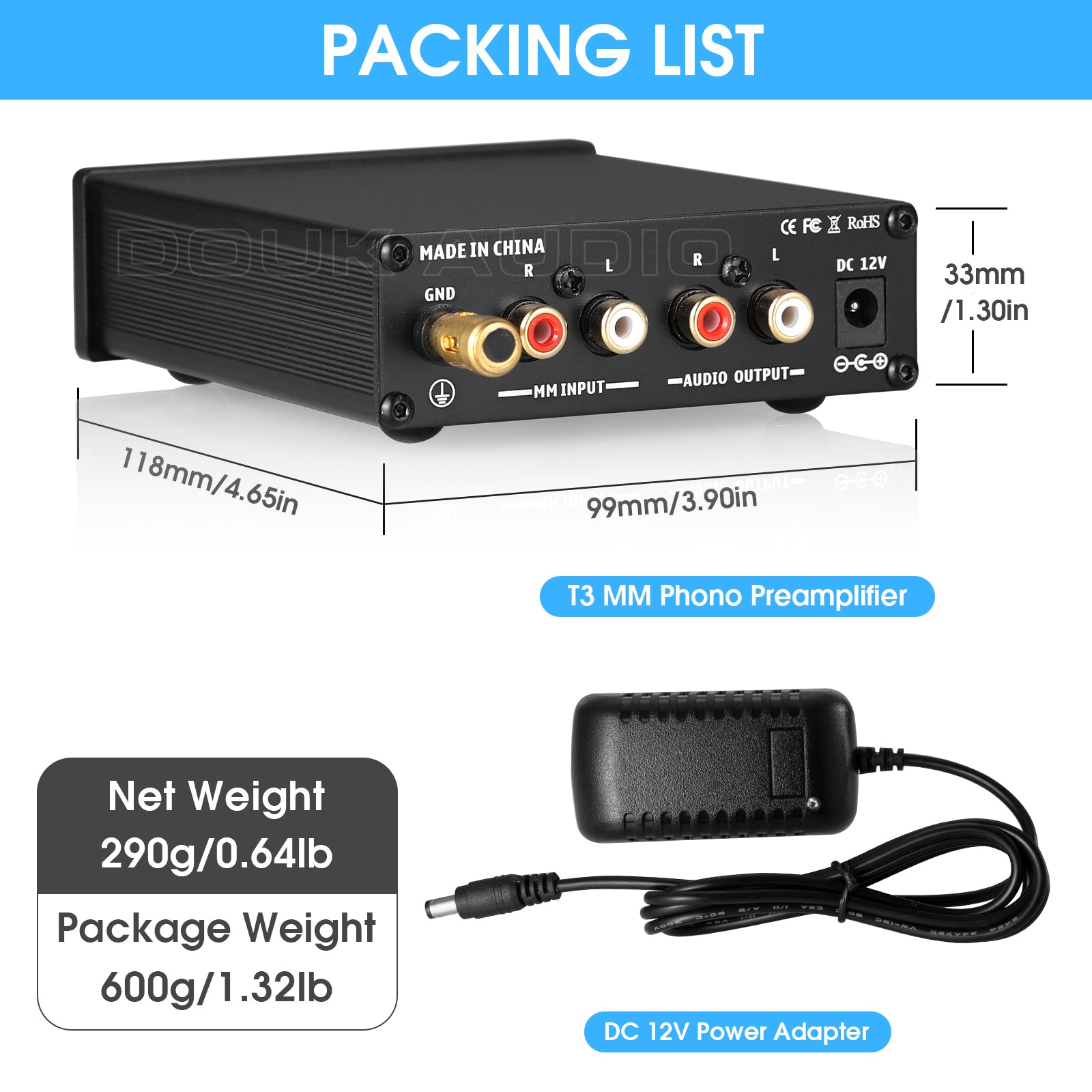 Nobsound T3 MM 唱机前置放大器，适用于唱片机 HiFi 家庭转盘前置放大器
