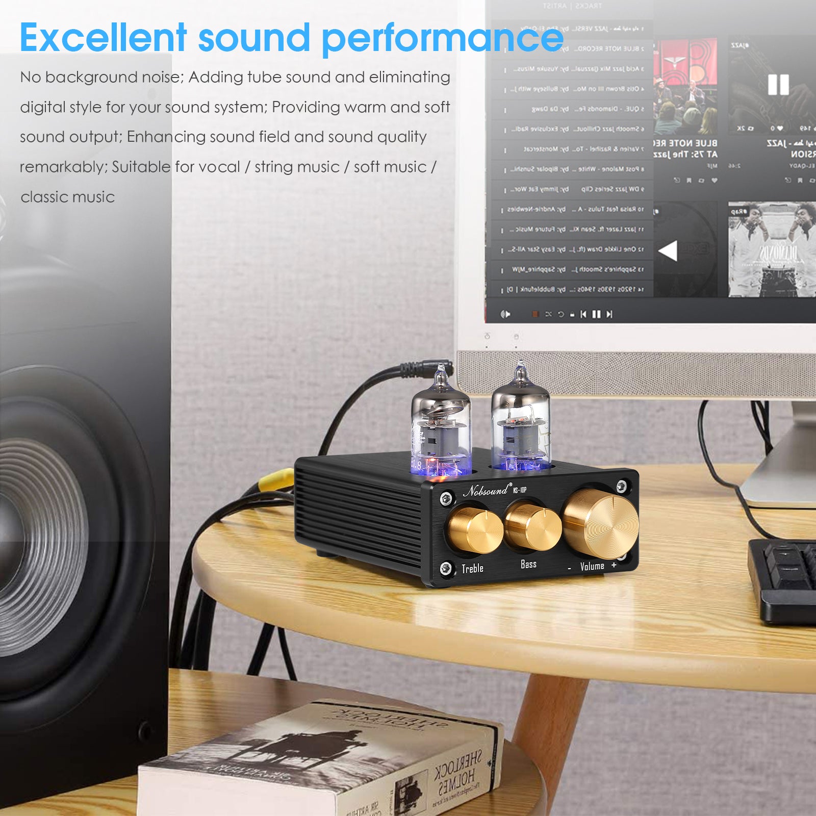 Nobsound NS-10P Mini-Vakuumröhren-Stereo-Vorverstärker, HiFi-Heim-Audio-Vorverstärker mit Höhen- und Bassregelung 