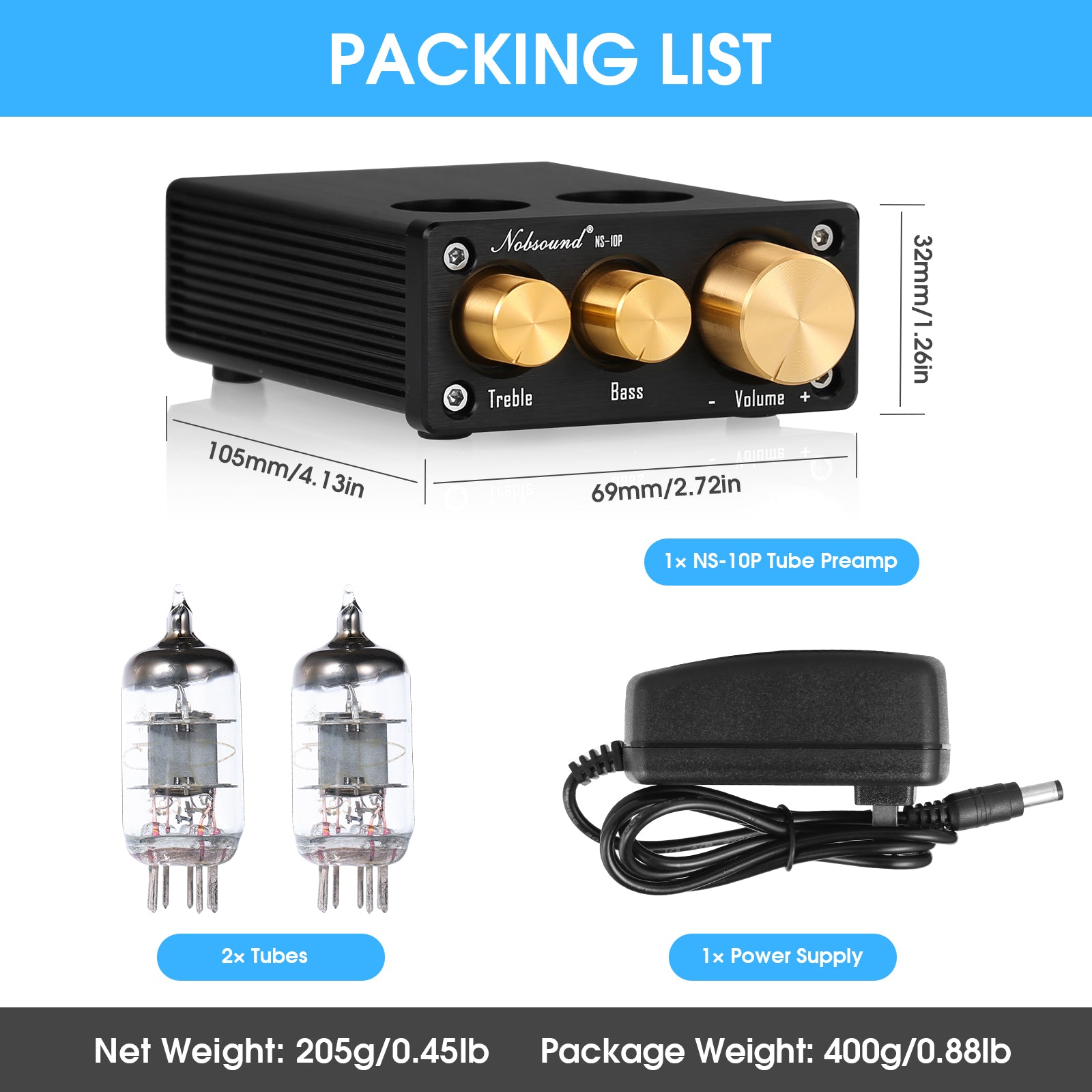 Nobsound NS-10P Mini-Vakuumröhren-Stereo-Vorverstärker, HiFi-Heim-Audio-Vorverstärker mit Höhen- und Bassregelung 