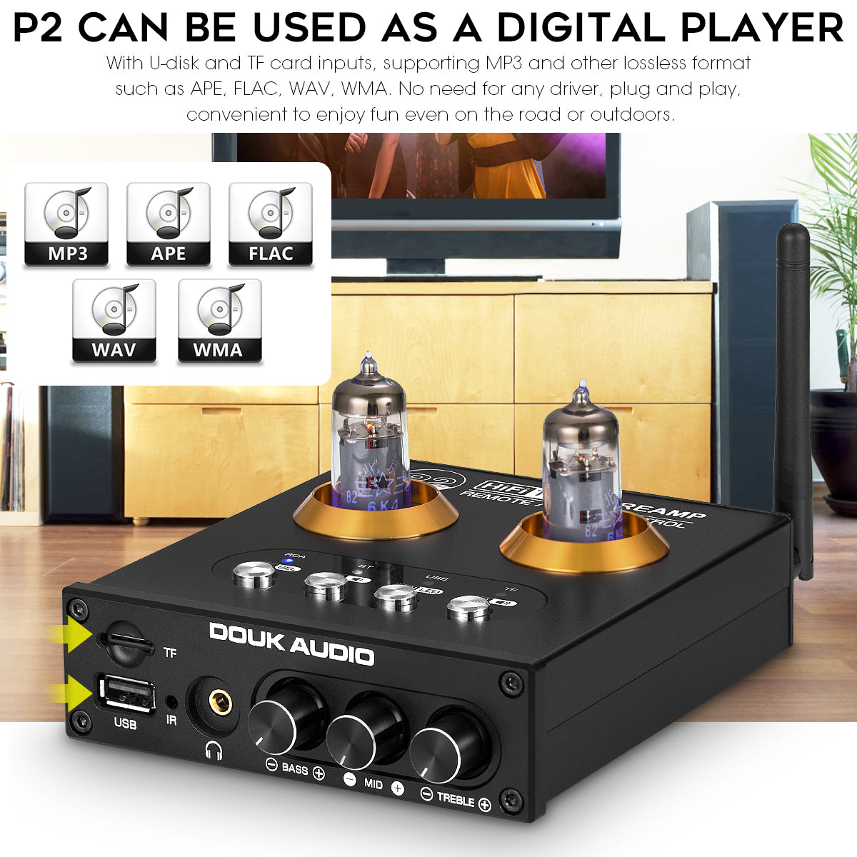 Douk Audio P2 Mini Bluetooth 5.0 Vakuum-Röhrenvorverstärker USB-Player Stereo-Kopfhörerverstärker 