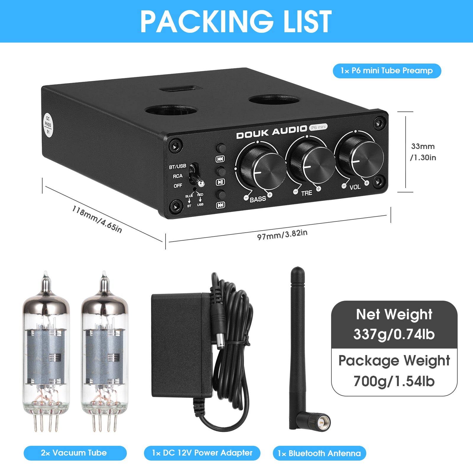 Douk Audio P6 MINI HiFi Vacuum Tube Preamp Bluetooth Stereo Audio Pre-amplifier Tone Control