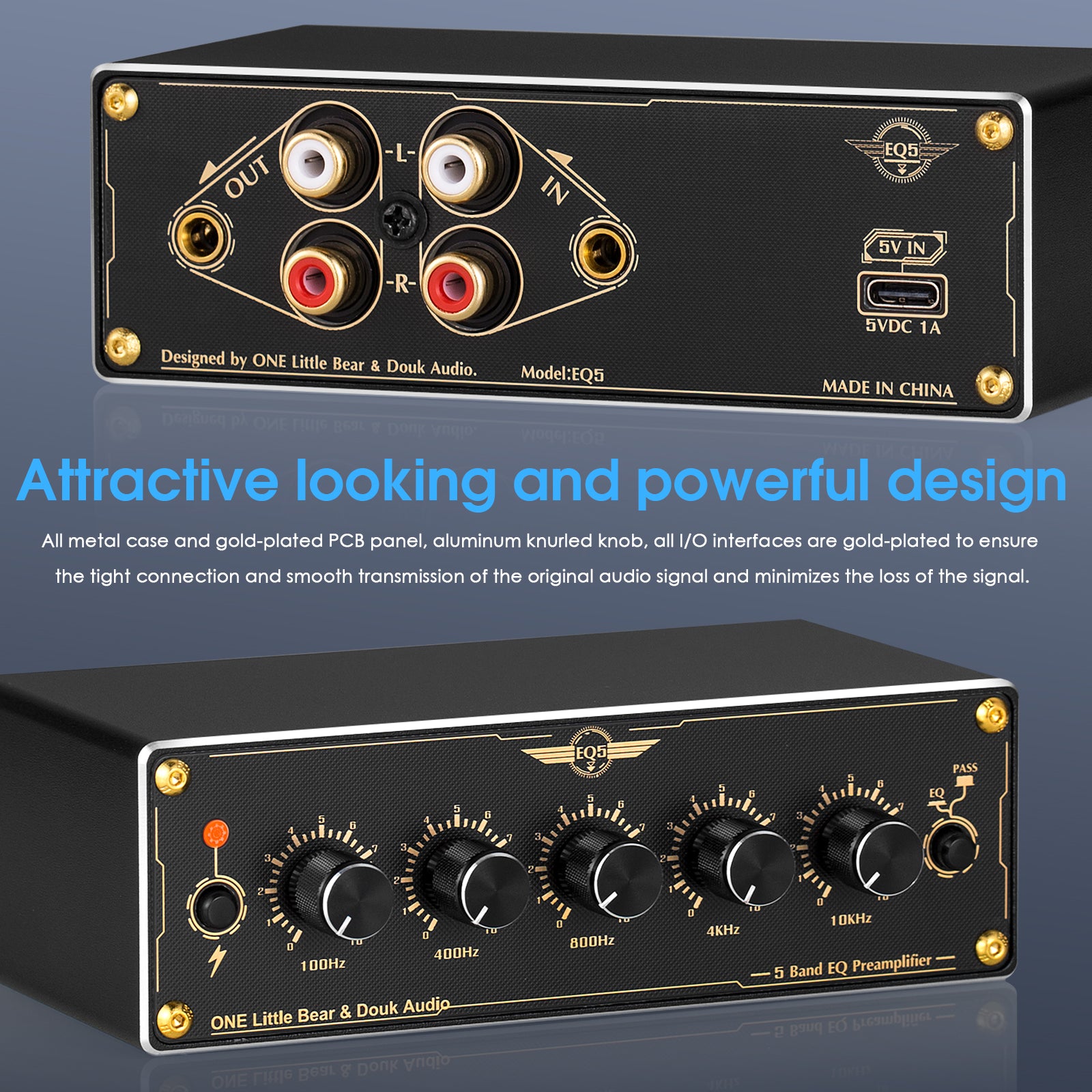 Douk Audio EQ5 Mini 5-Band EQ Preamp Equalizer Stereo Home/Car Audio Processor