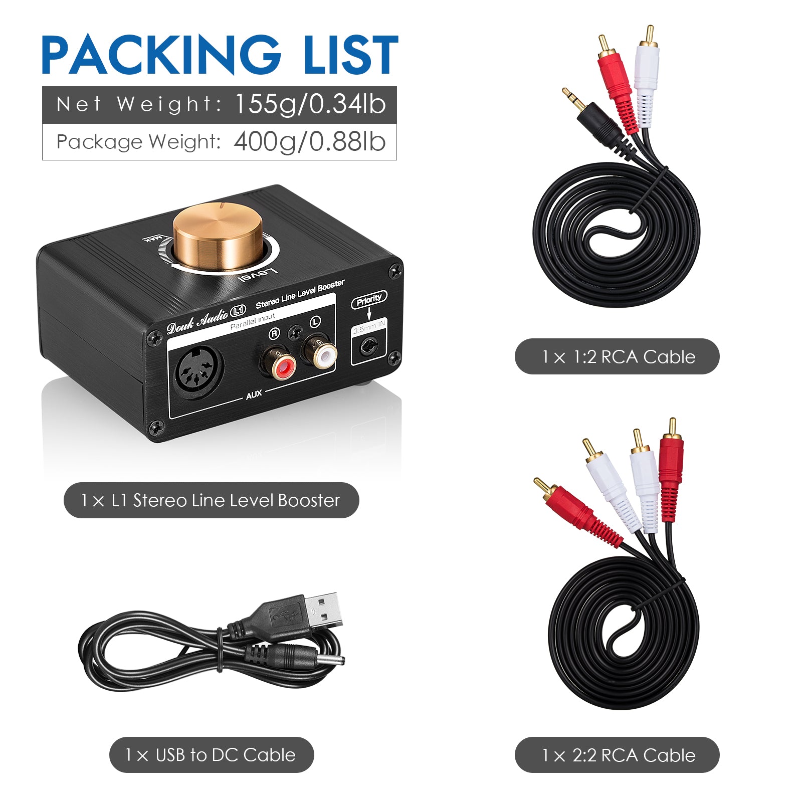 Douk Audio L1 Mini-Stereo-Line-Level-Booster-Verstärker, Audio-Vorverstärker, 20 dB Verstärkung mit Lautstärkeregelung 
