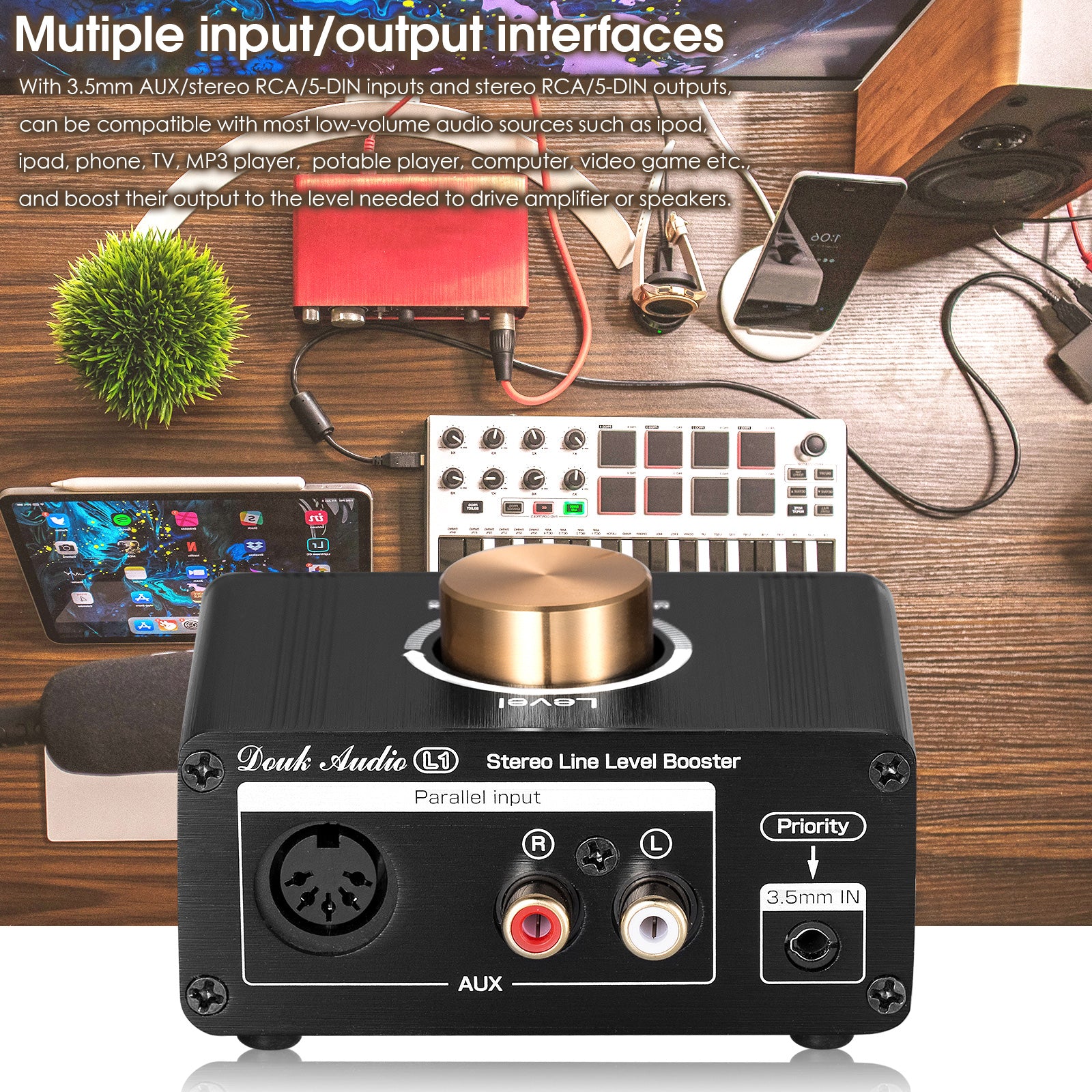 Douk Audio L1 Mini-Stereo-Line-Level-Booster-Verstärker, Audio-Vorverstärker, 20 dB Verstärkung mit Lautstärkeregelung 