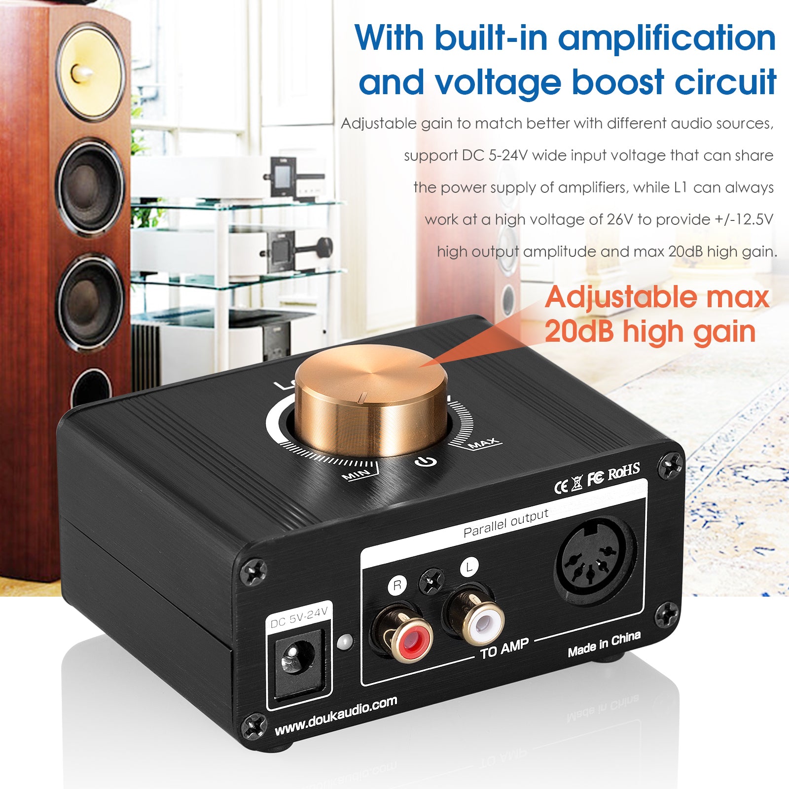 Douk Audio L1 Mini-Stereo-Line-Level-Booster-Verstärker, Audio-Vorverstärker, 20 dB Verstärkung mit Lautstärkeregelung 